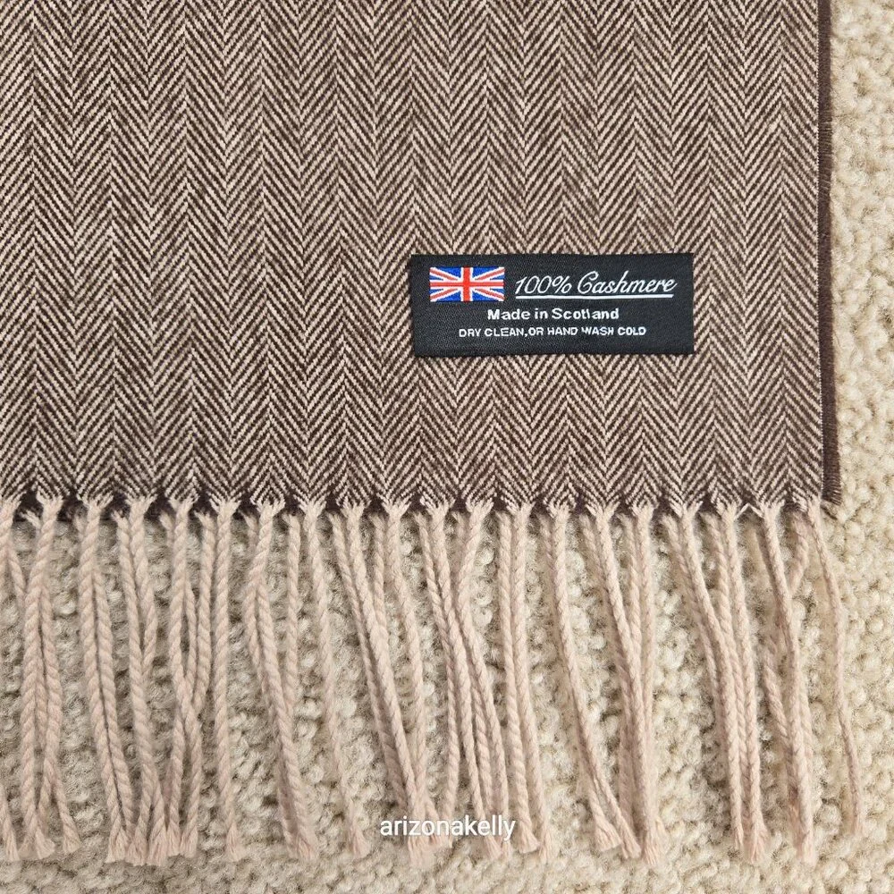 NWOT Cashmere Herringbone Scarf Brown & Creme Made in Scotland